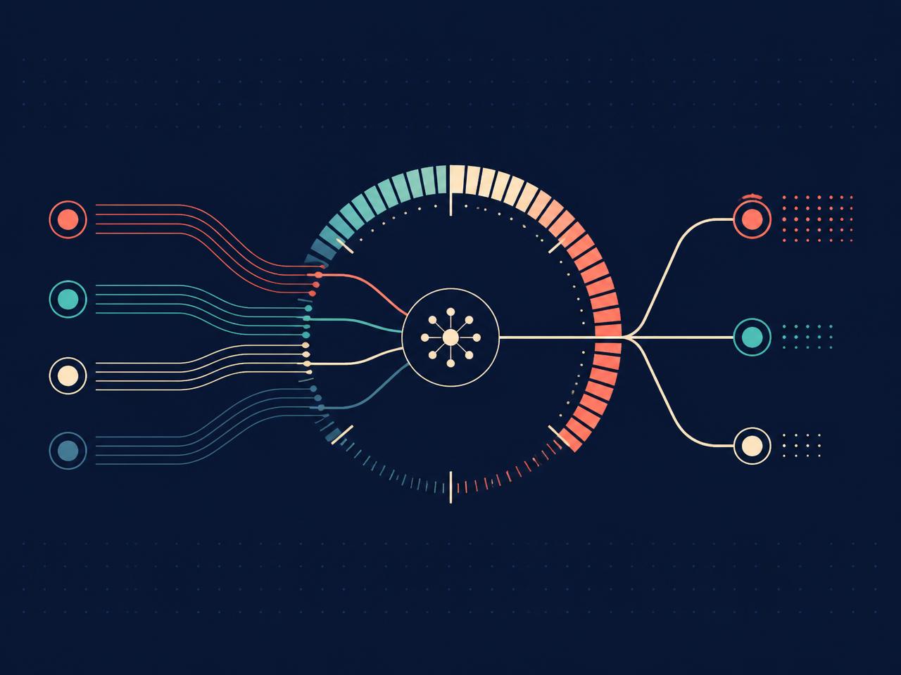 Abstract illustration of inputs converging into a scoring gauge with three outcomes