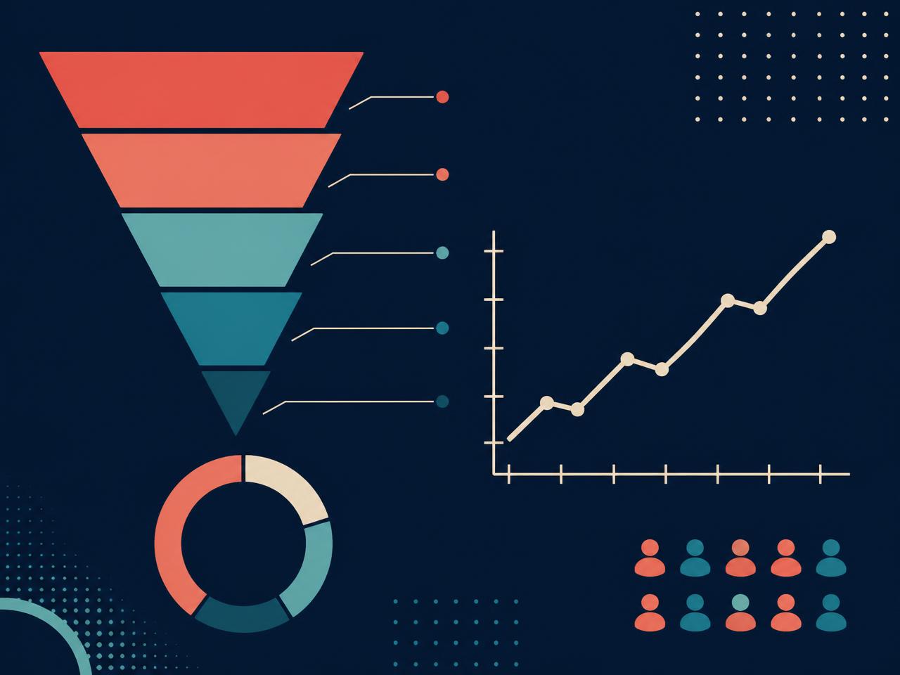 Abstract illustration of a hiring funnel, trend line, and status ring chart
