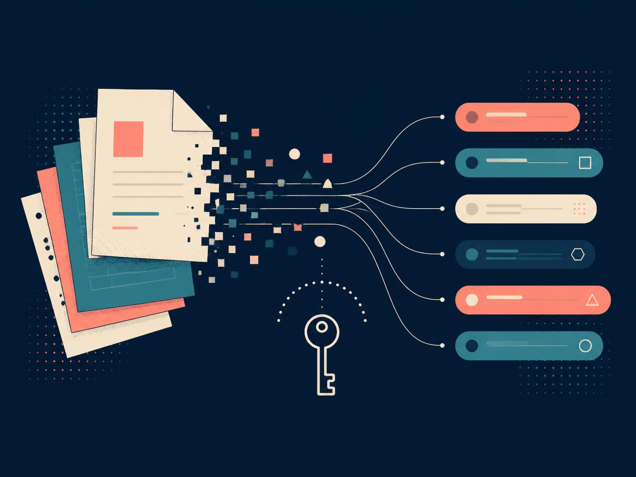 Abstract illustration of resumes being parsed into structured data fields