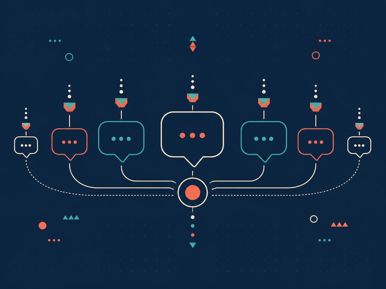 Abstract illustration of message bubbles threading into a single communication hub