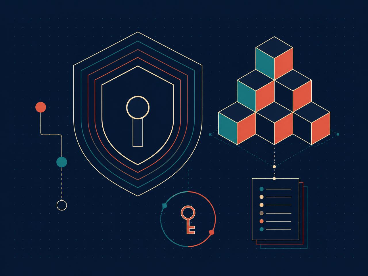 Abstract illustration of a layered shield, key rotation, audit ledger, and deployment cubes