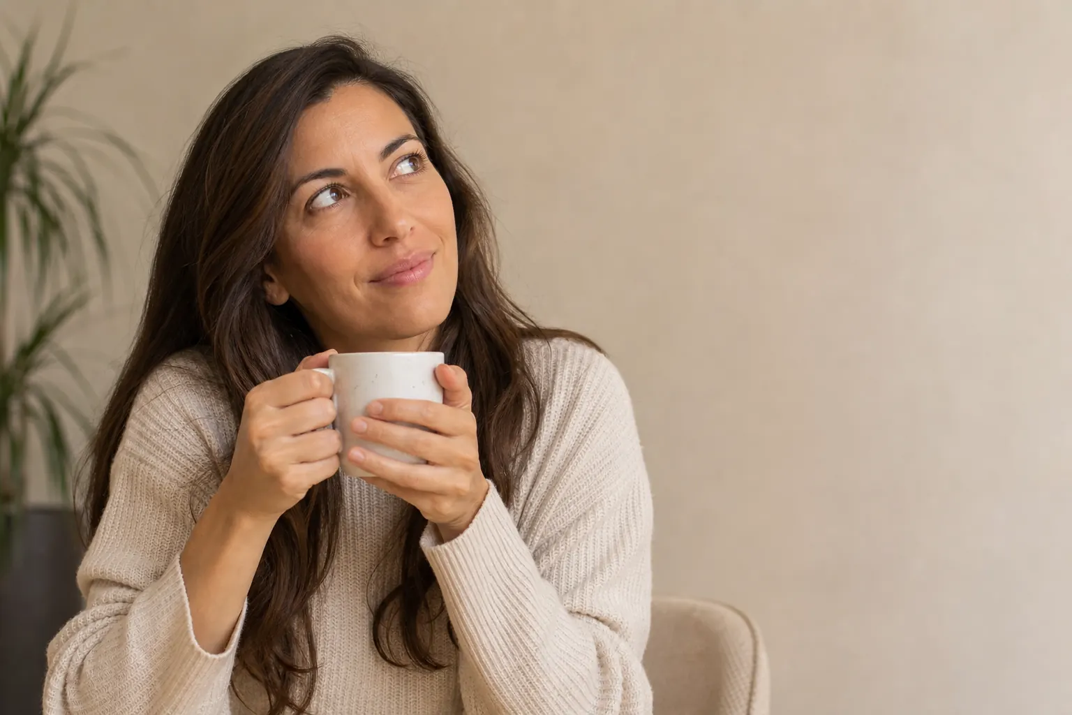 A person thoughtfully holding a coffee mug