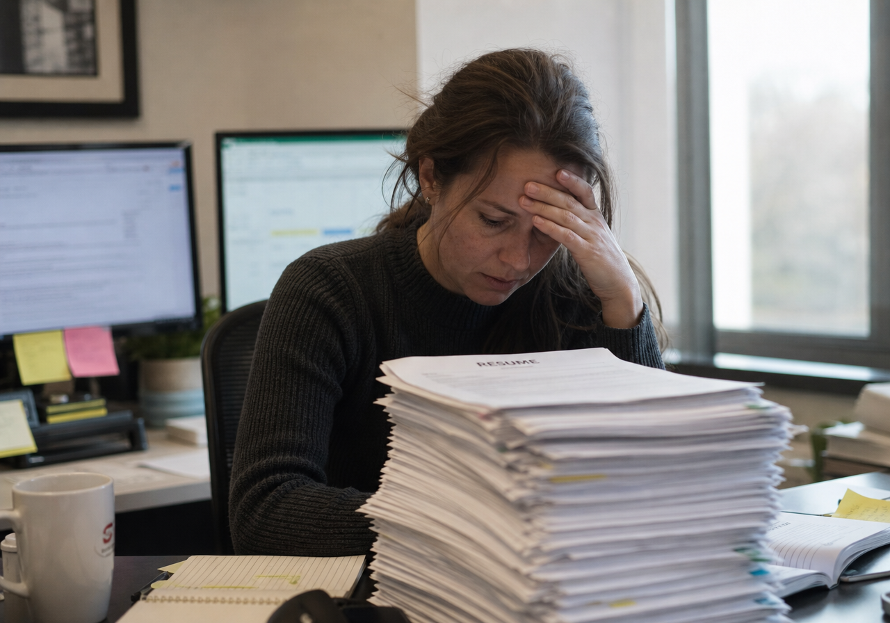 Recruiter overwhelmed by stacks of paper resumes at a desk