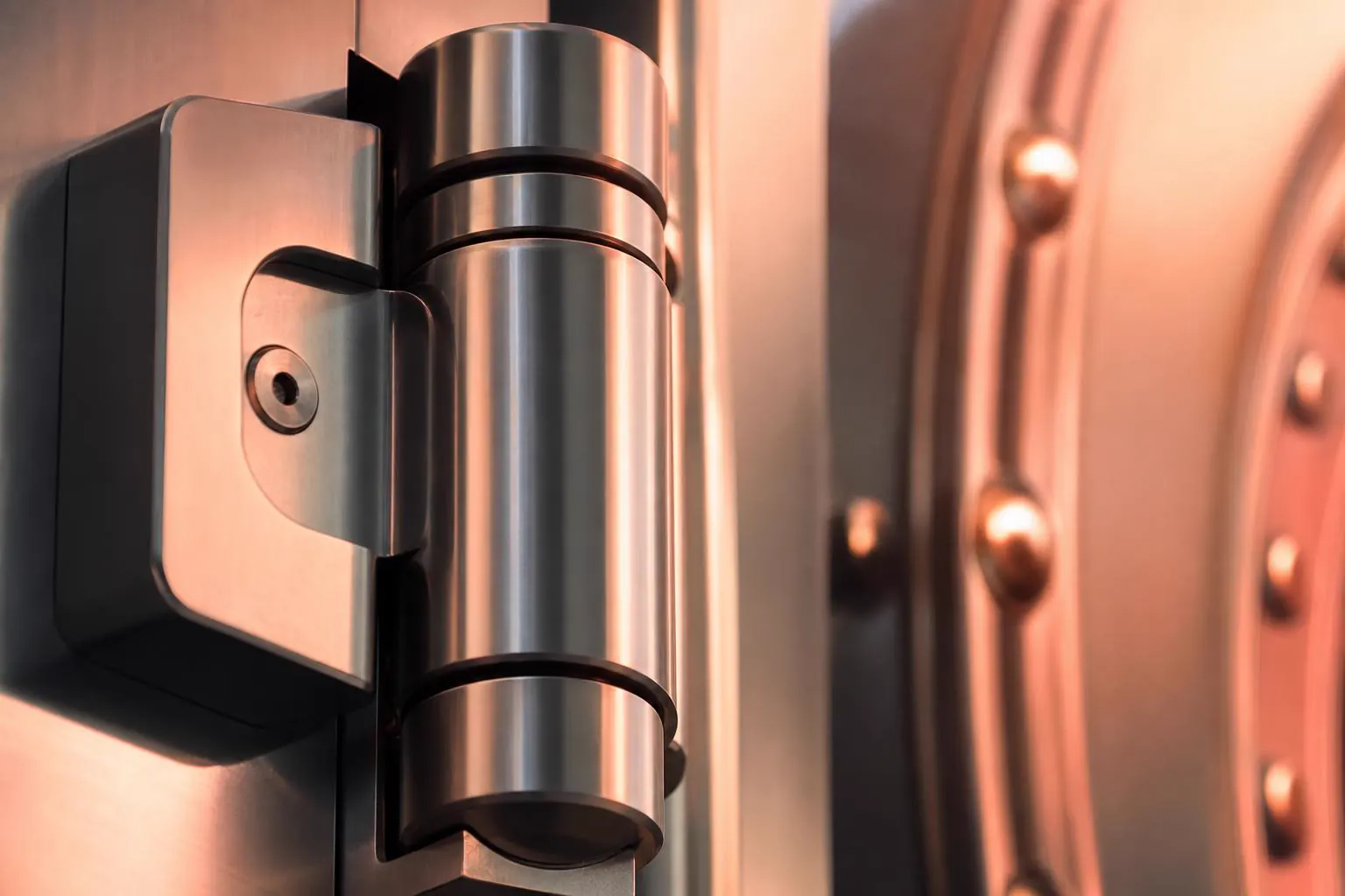 Close-up of a vault hinge representing audit and access integrity.