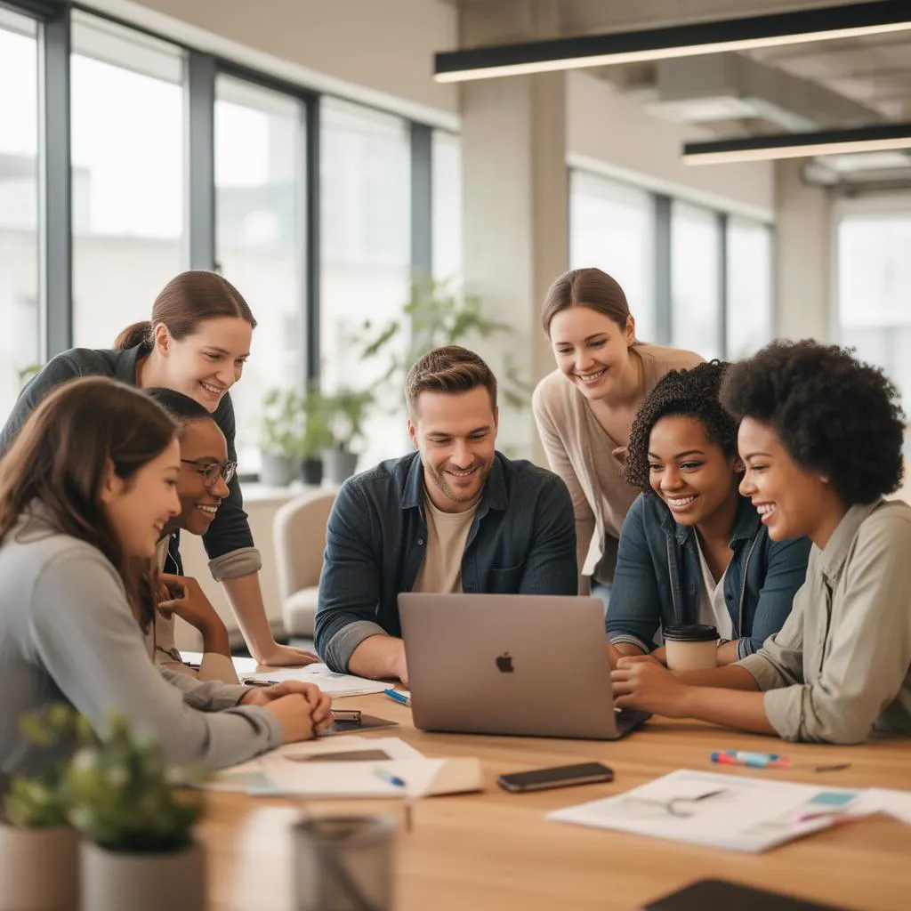 Diverse small team collaborating around a laptop in a bright modern office