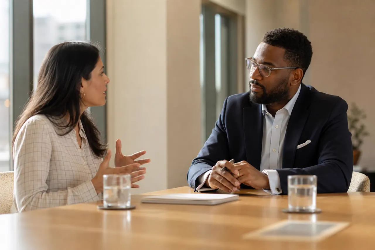 Two hiring professionals in a focused conversation