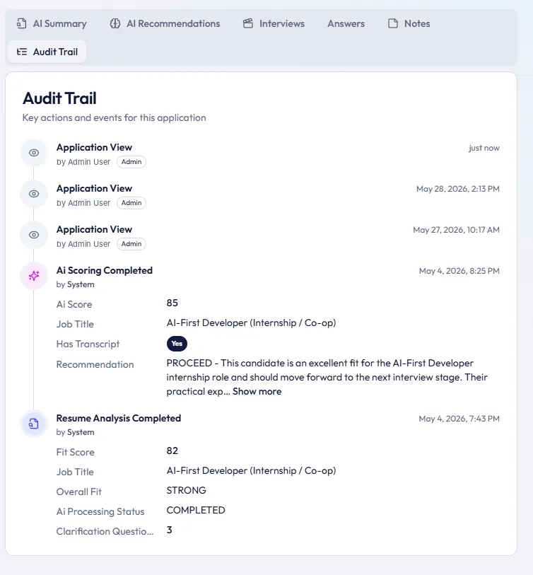 Audit trail timeline showing application views, AI scoring completed, and resume analysis completed events with actors and timestamps