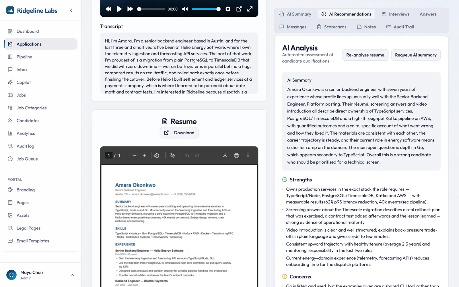 Candidate profile showing the résumé preview beside the AI recommendation panel with strengths and concerns