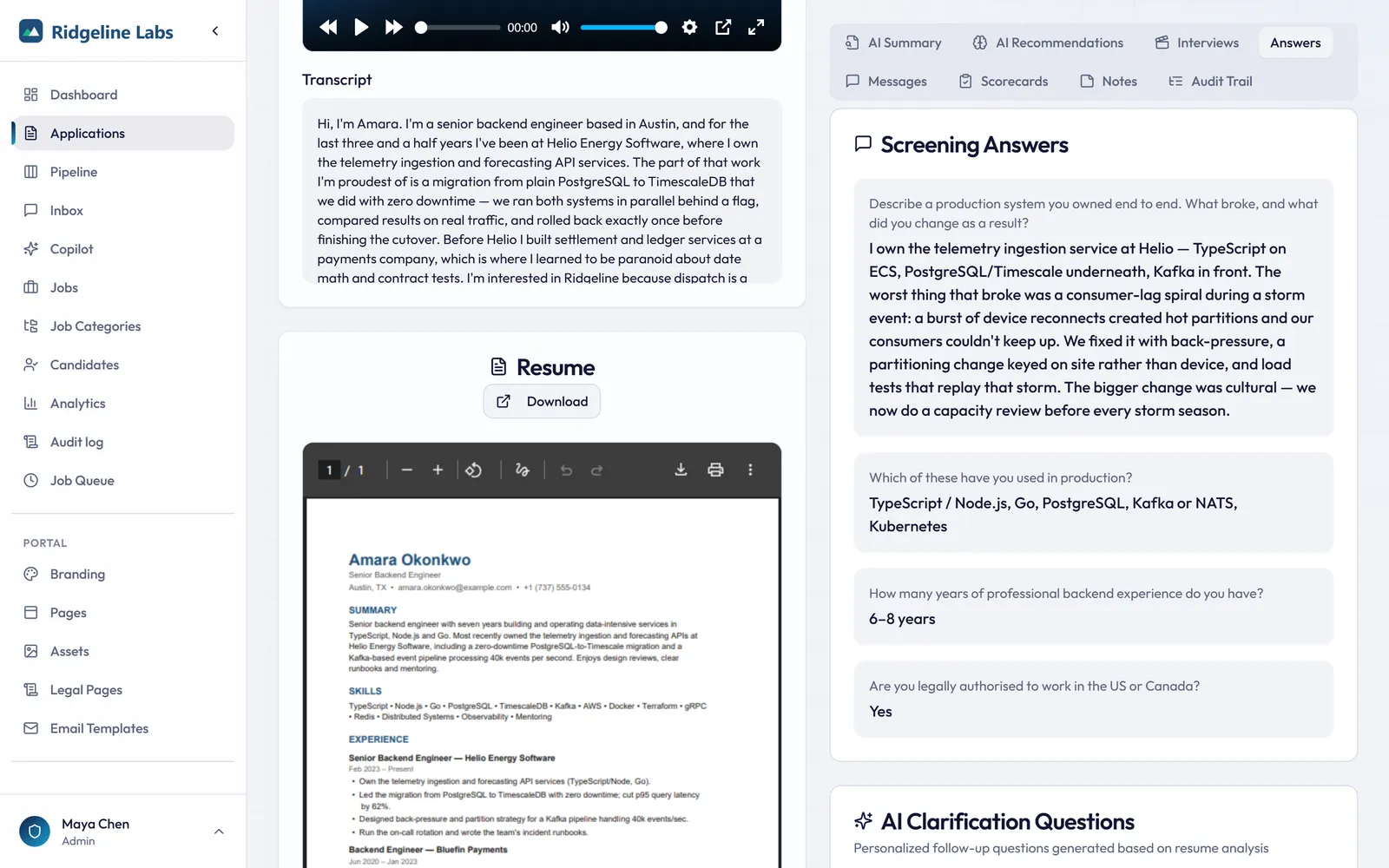 Screening answers and AI-generated clarification questions with candidate responses