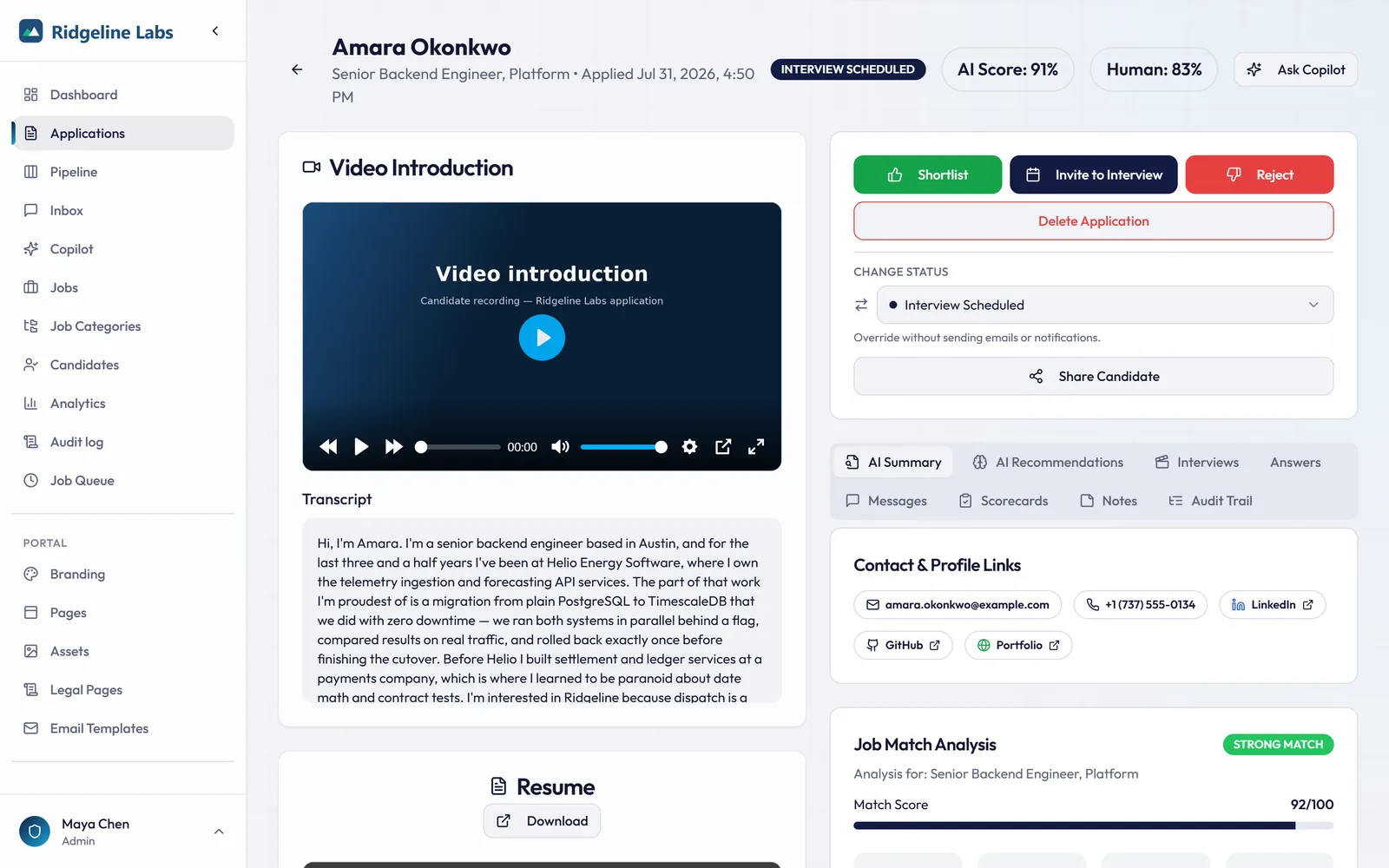 PaiSLEY candidate profile with video introduction, parsed résumé and AI score