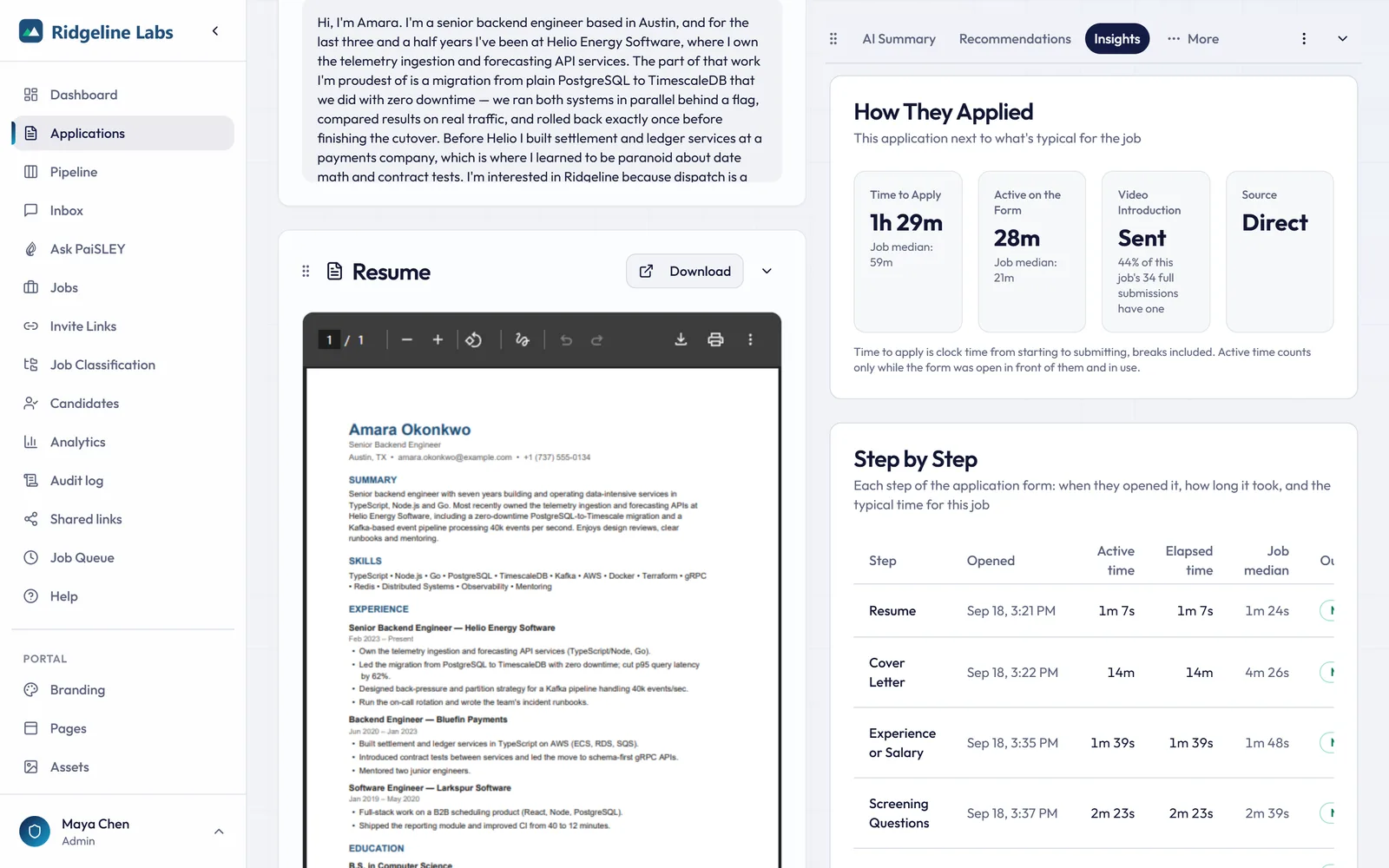 One application's Insights tab: time to apply and active time beside the job's medians, and each step of the form with its times