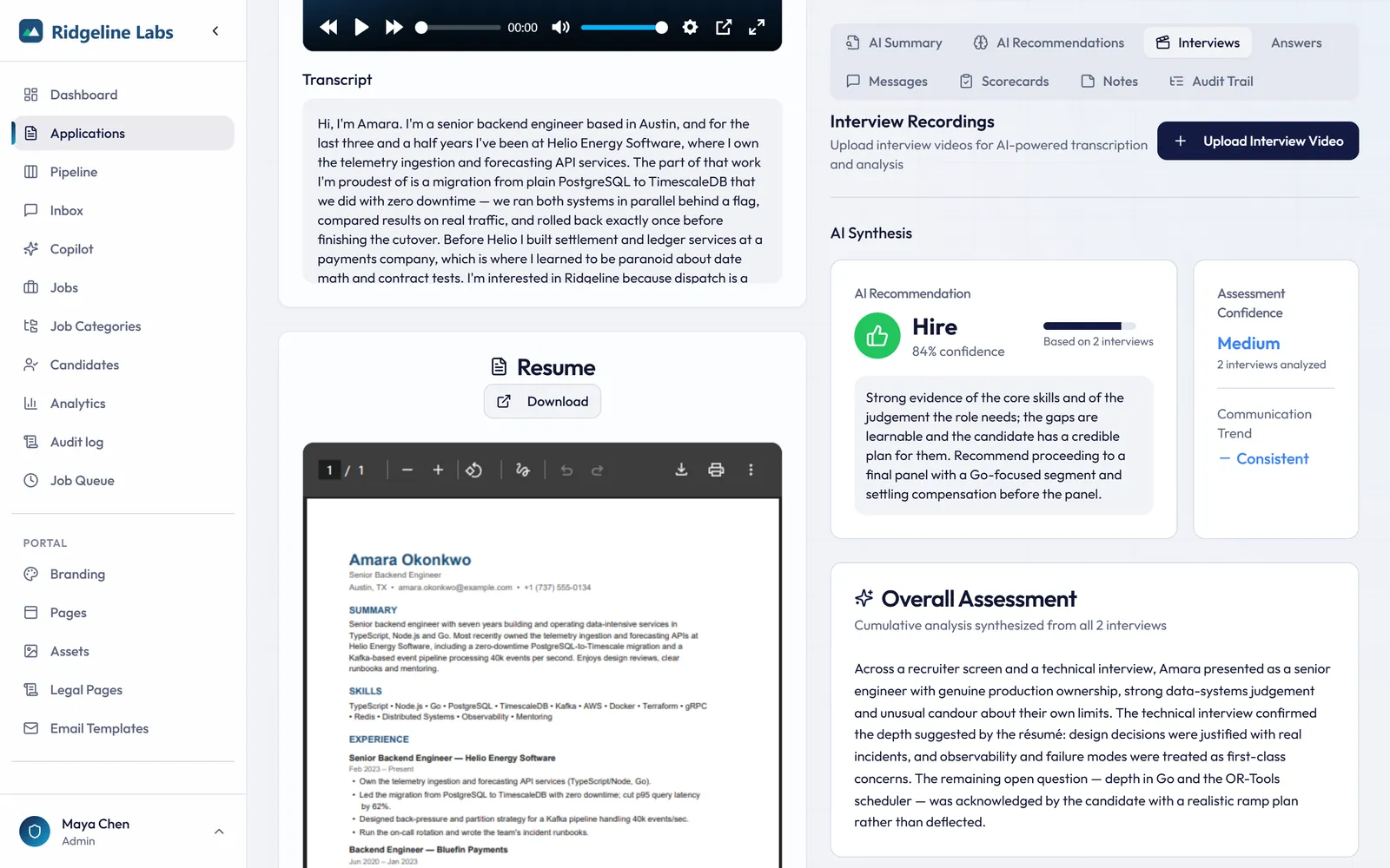 Interview synthesis with a hire recommendation and confidence score
