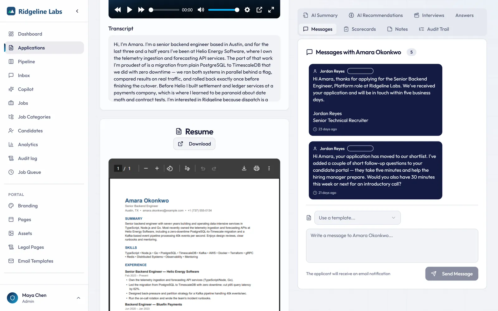 Two-way message thread with a candidate inside the application view