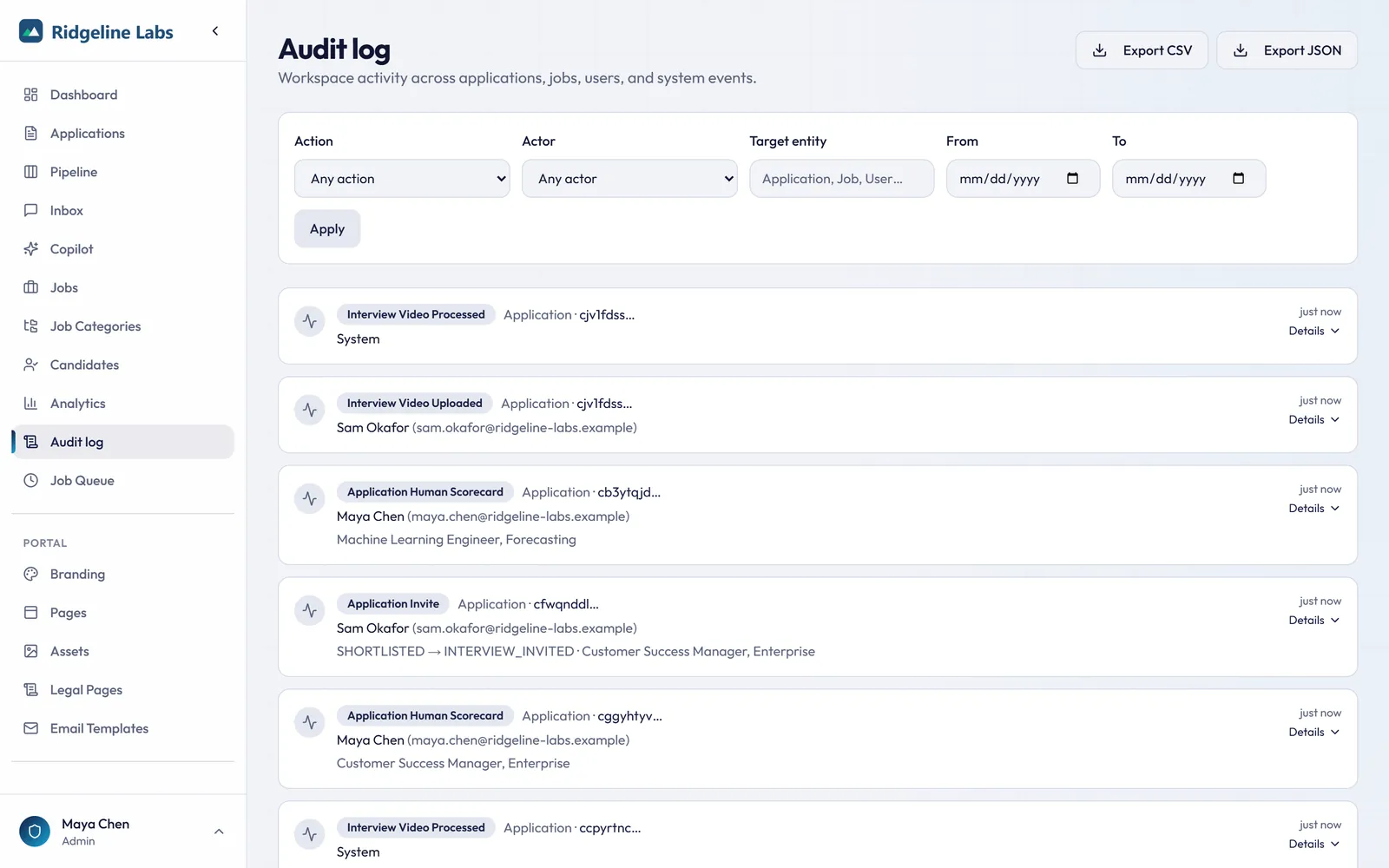 Workspace audit log with filters and export