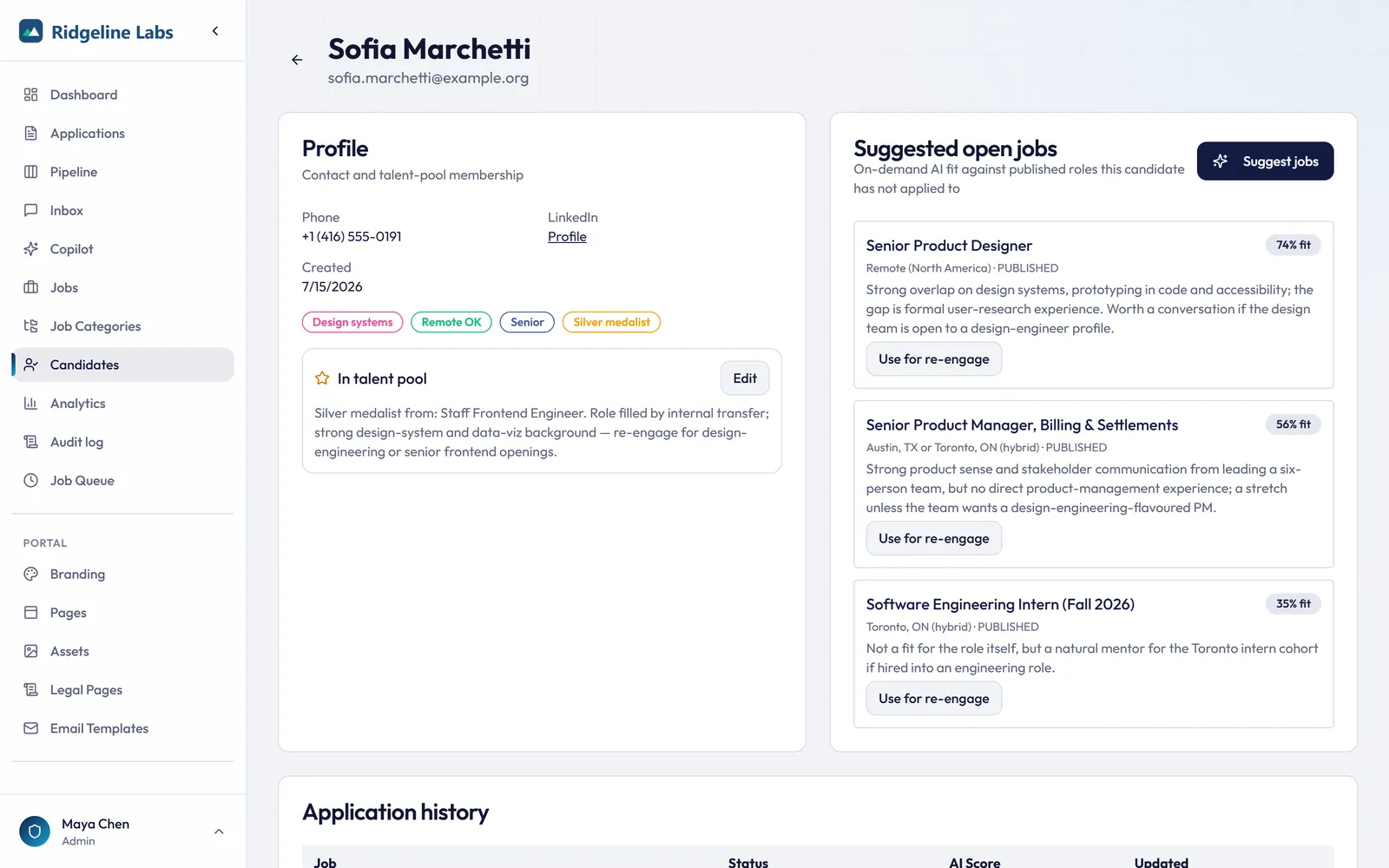 Candidate record with talent-pool note, suggested jobs and re-engagement draft