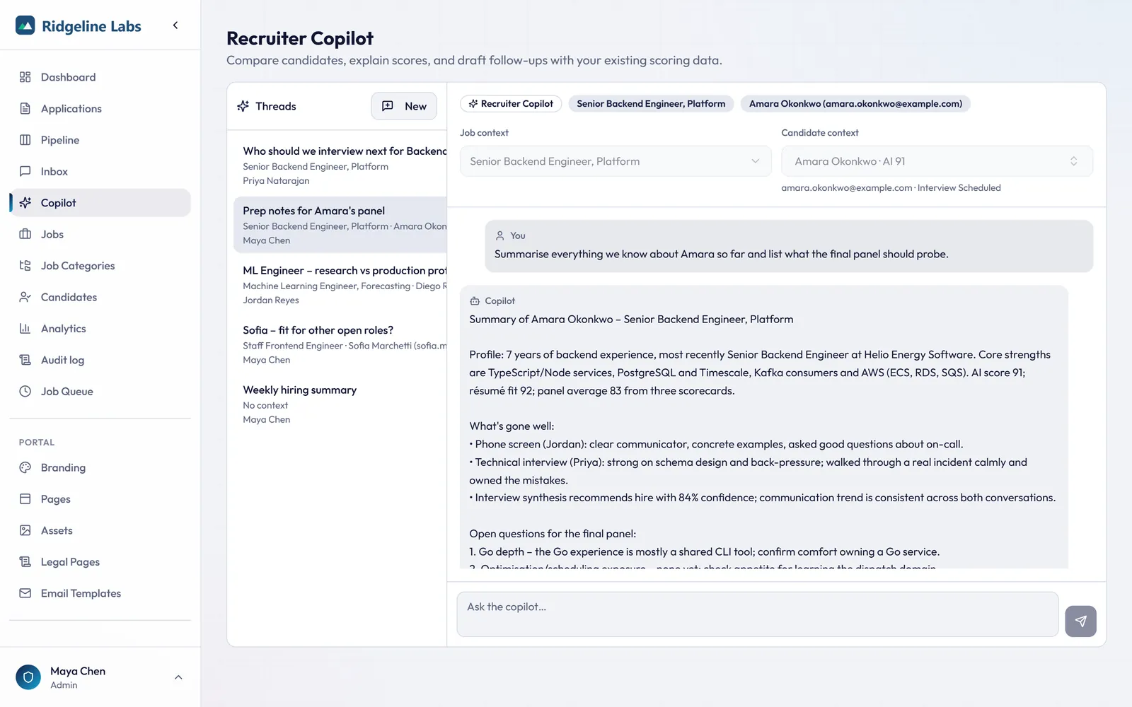 Recruiter Copilot preparing panel questions for a candidate