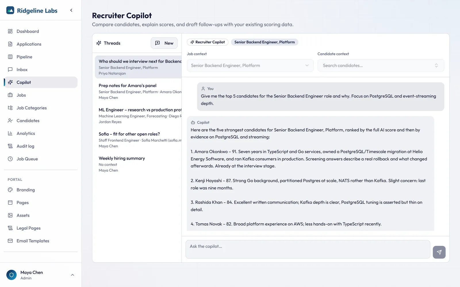 Recruiter Copilot ranking candidates for a role and drafting an outreach message