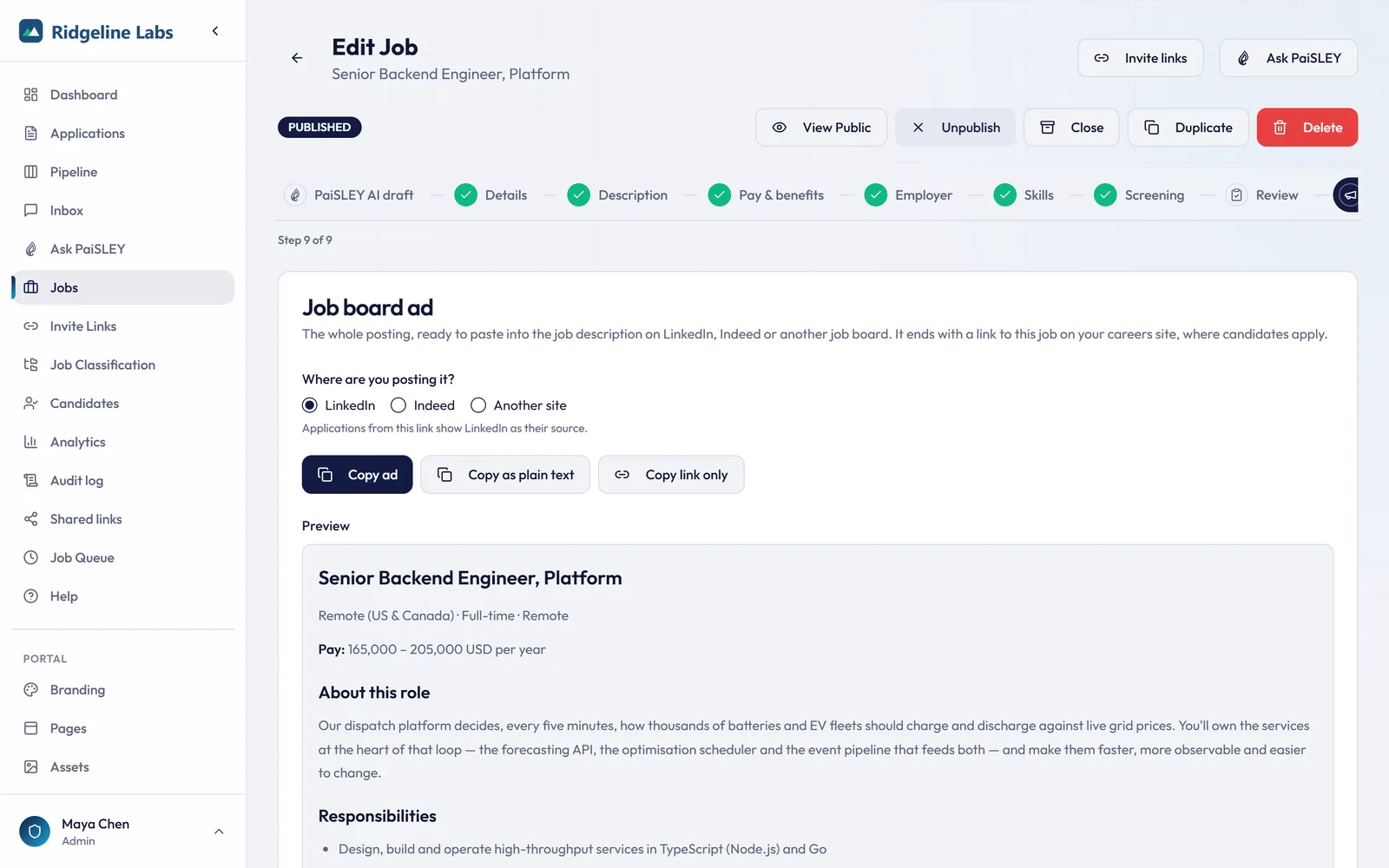 Job board ad step with LinkedIn selected, copy buttons and a preview of the ad