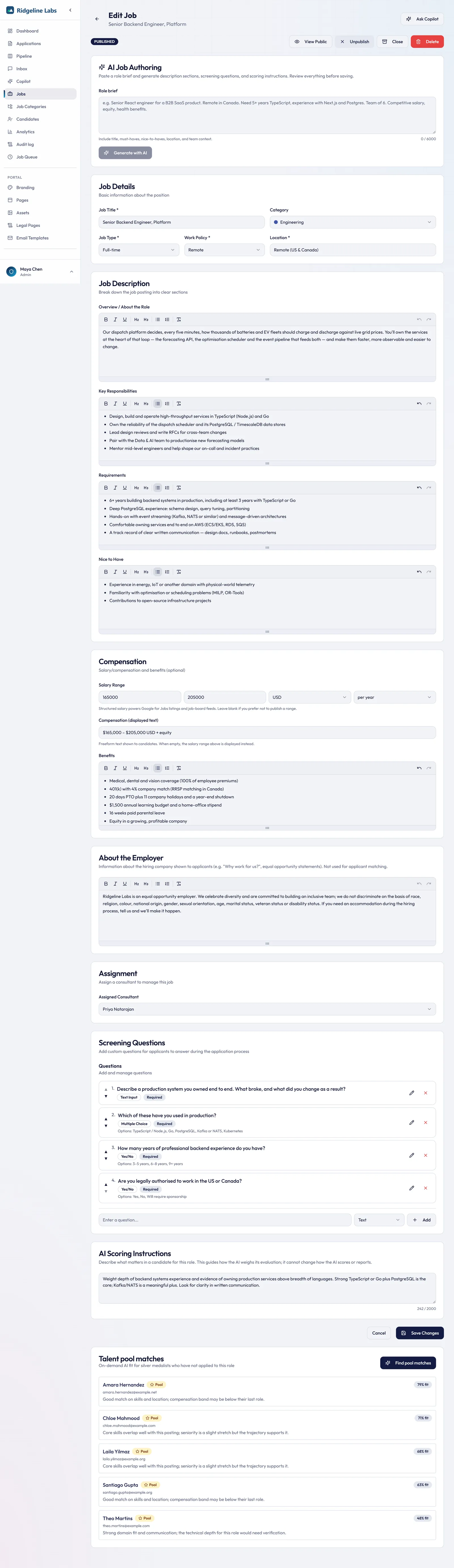 Job editor with screening questions, AI instructions and talent-pool matches