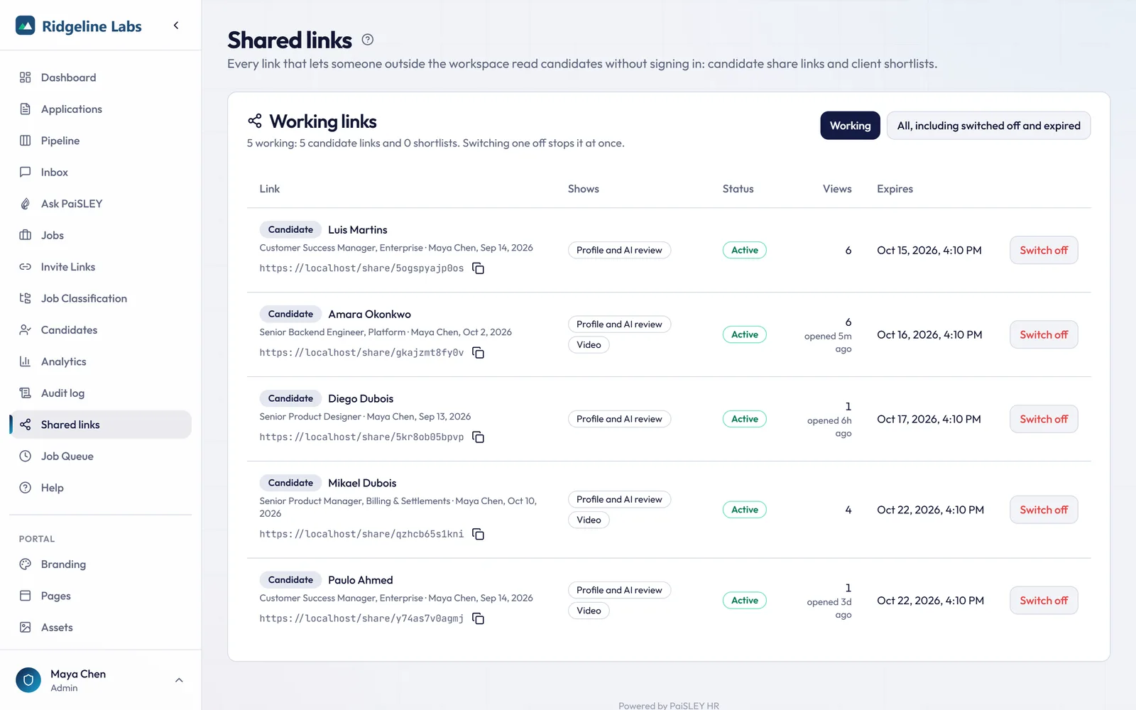 Admin list of every working share link with a switch to turn each off