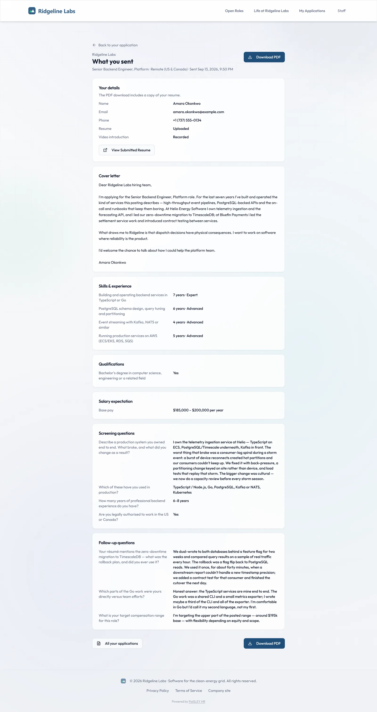 What you sent page listing the candidate's details, cover letter, skills, salary expectation and answers, with a Download PDF button
