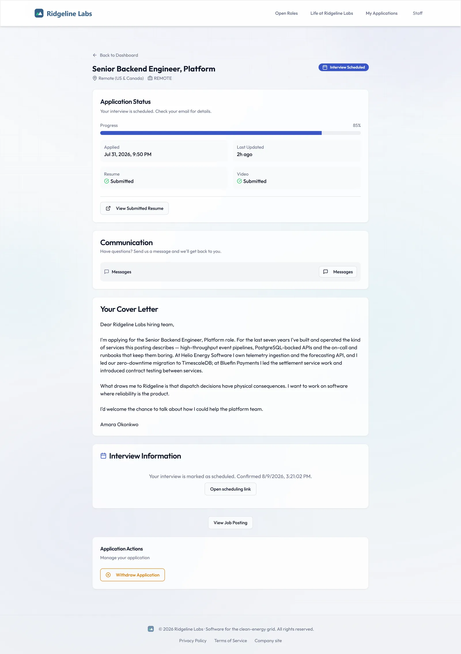Candidate application detail with messages and follow-up questions