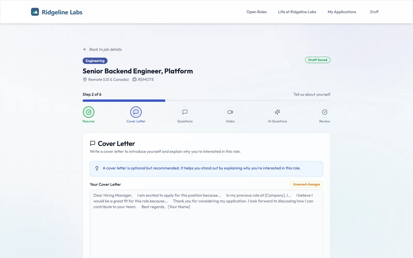 Six-step job application form with saved draft and progress indicator