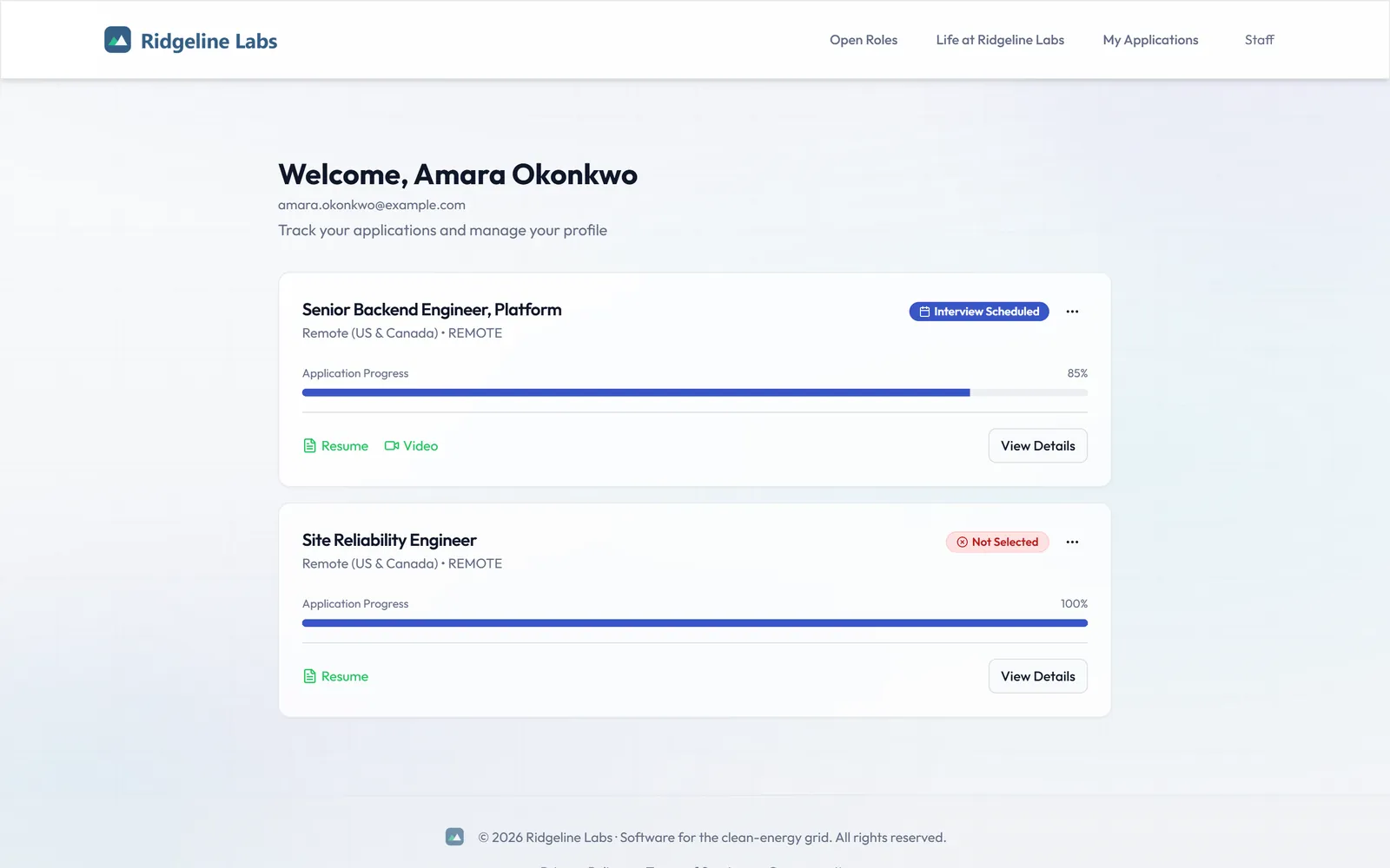 Candidate portal listing applications and statuses